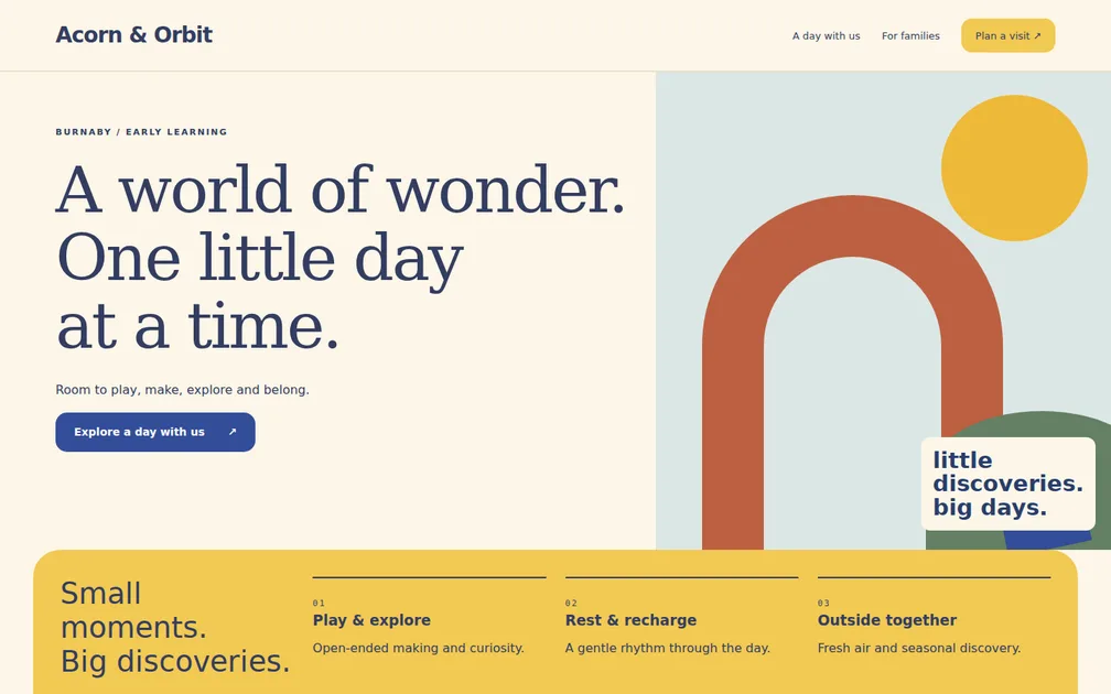 Fictional desktop homepage for Acorn & Orbit, Childcare centre