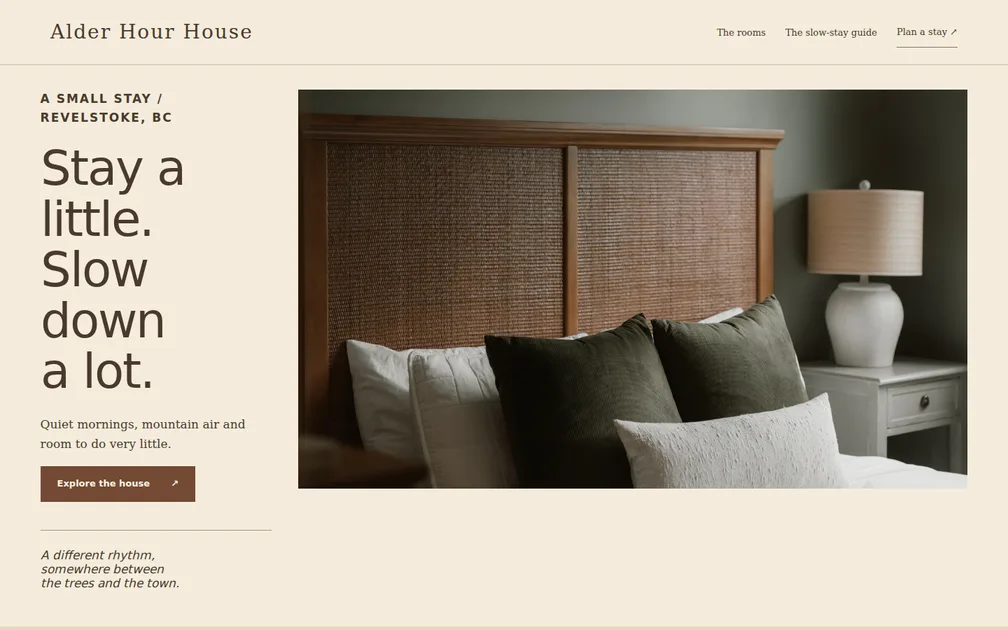 Fictional desktop homepage for Alder Hour House, Bed-and-breakfast