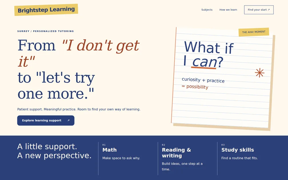 Fictional desktop homepage for Brightstep Learning, Tutoring centre