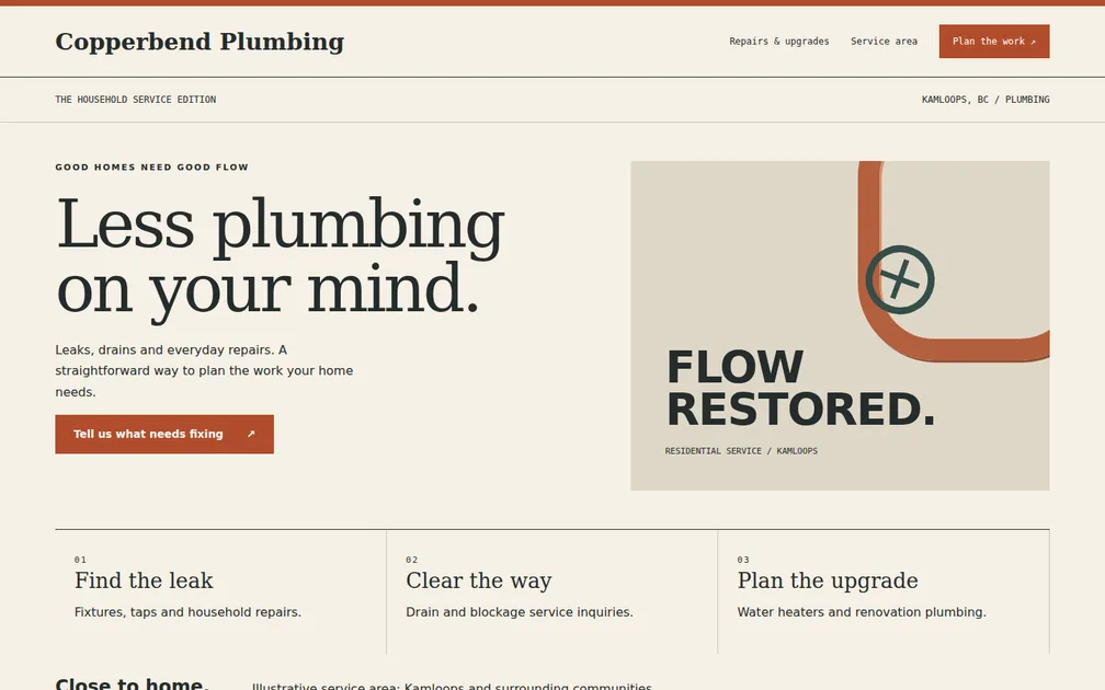 Fictional desktop homepage for Copperbend Plumbing, Plumbing company