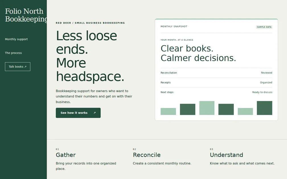 Fictional desktop homepage for Folio North Bookkeeping, Bookkeeping firm