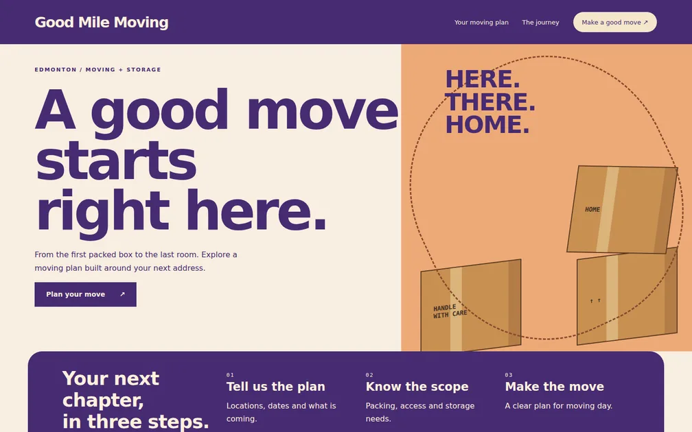 Fictional desktop homepage for Good Mile Moving, Moving and storage