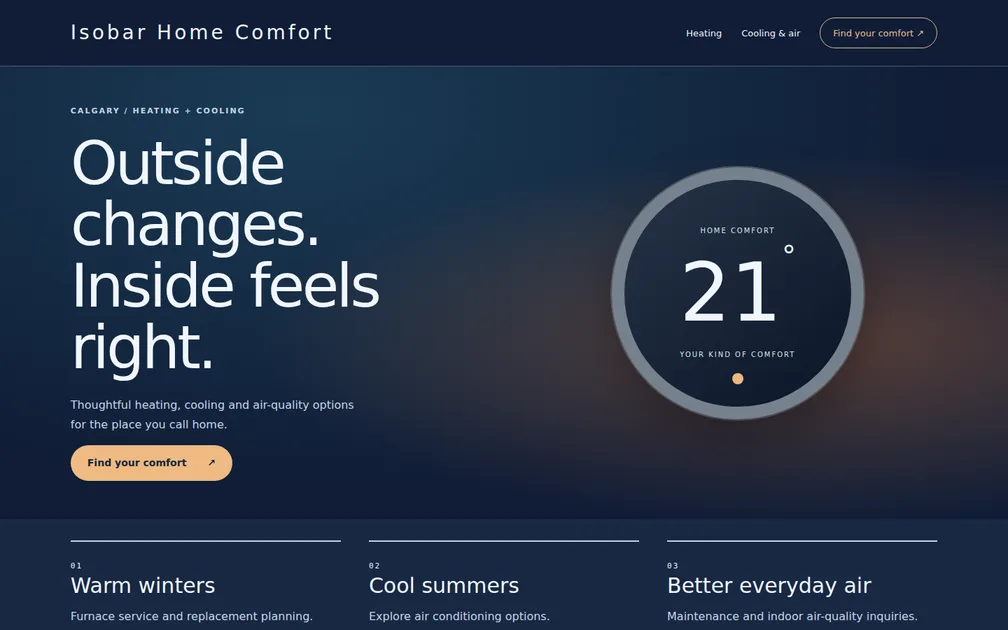 Fictional desktop homepage for Isobar Home Comfort, HVAC company