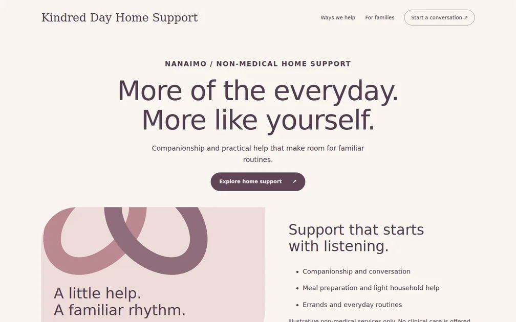 Fictional desktop homepage for Kindred Day Home Support, Non-medical senior home support