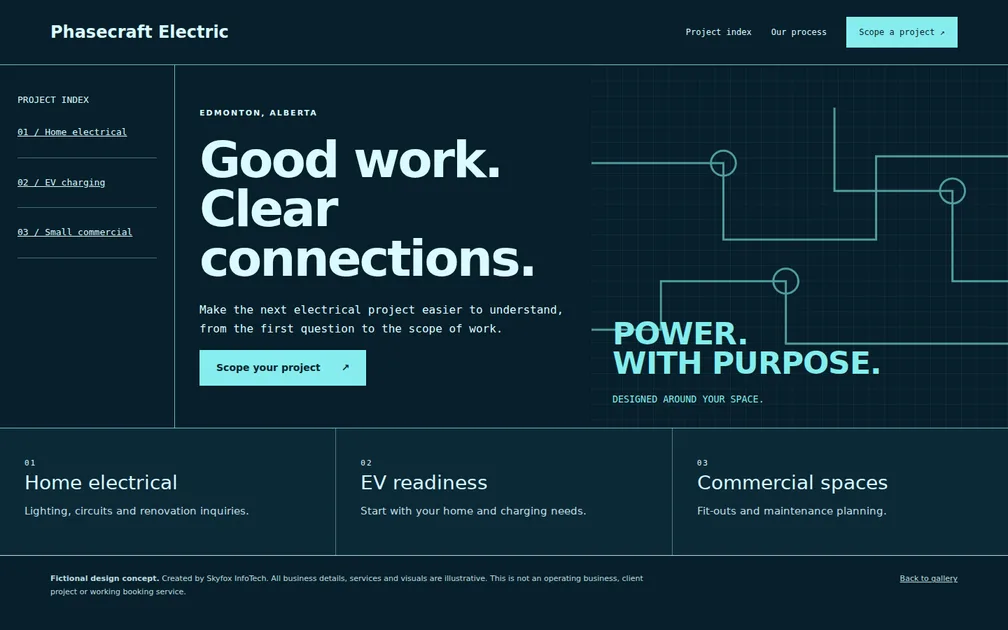 Fictional desktop homepage for Phasecraft Electric, Electrical contractor