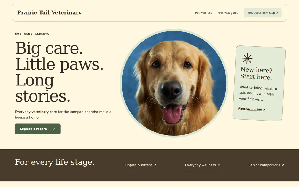 Fictional desktop homepage for Prairie Tail Veterinary, Veterinary clinic