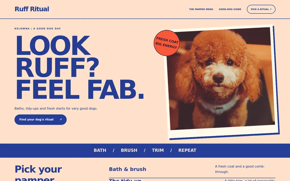 Fictional desktop homepage for Ruff Ritual, Pet grooming salon