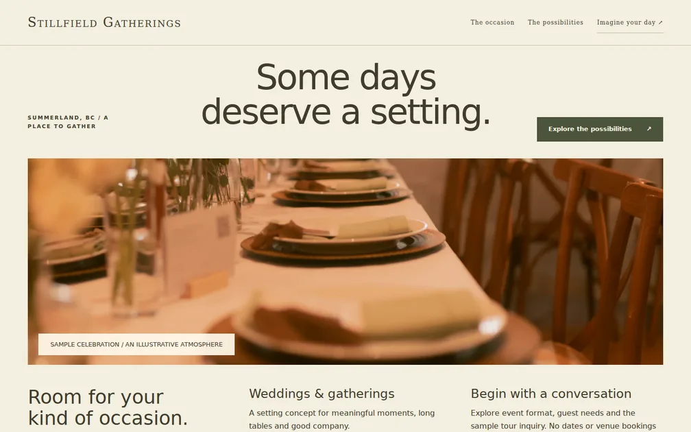 Fictional desktop homepage for Stillfield Gatherings, Wedding and event venue