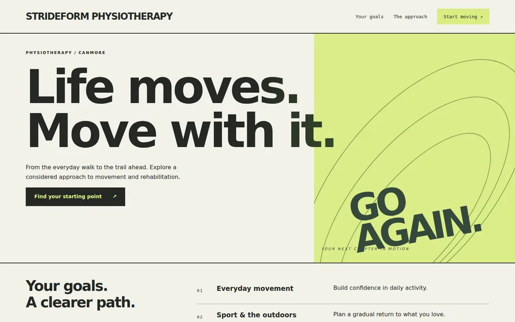 Fictional desktop homepage for Strideform Physiotherapy, Physiotherapy clinic