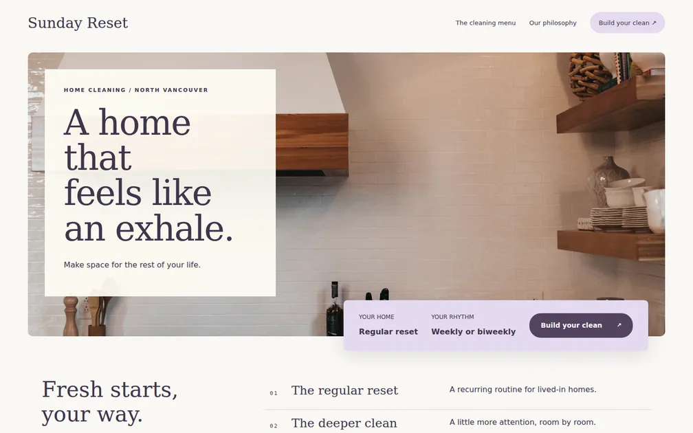 Fictional desktop homepage for Sunday Reset, Residential cleaning