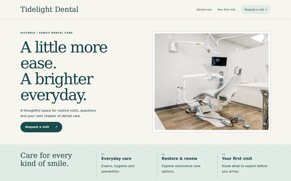 Fictional desktop homepage for Tidelight Dental, Dental clinic